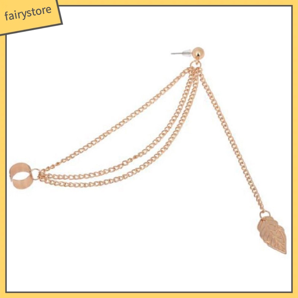 Bông Tai Kiểu Kẹp Hình Lá Phối Dây Xích Phong Cách Punk Rock Thời Trang Cho Nữ