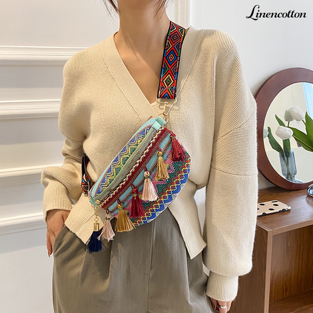 Túi Đeo Chéo Ngực Khóa Kéo Phối Tua Rua Phong Cách Bohemian