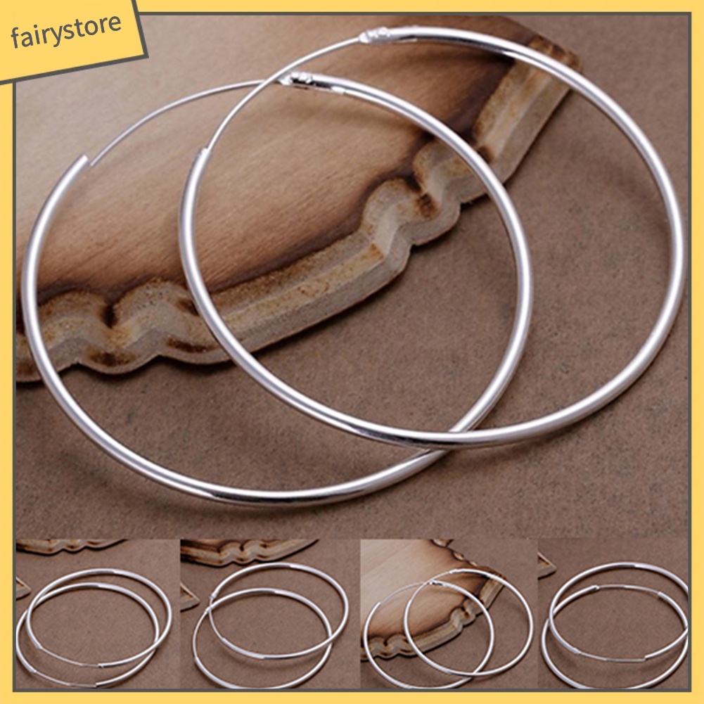 1 Đôi Bông Tai Hình Tròn Lớn Mạ Bạc Thời Trang Dành Cho Nữ