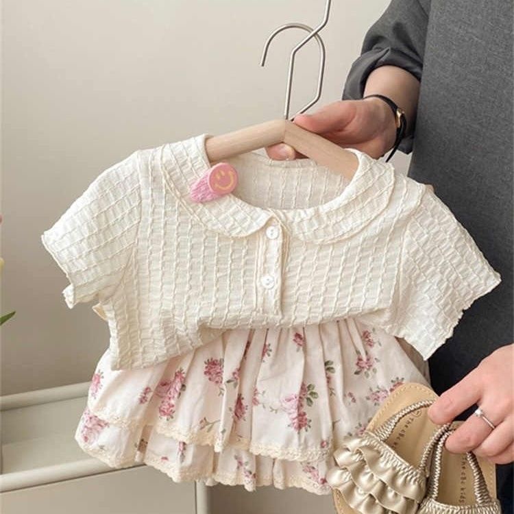 Bộ Áo Cardigan Ngắn Tay + Chân Váy Ngắn In Hoa Thời Trang Mùa Hè 2023 Cho Bé Gái