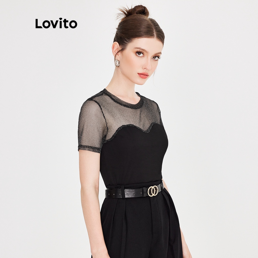 Áo thun Lovito phối lưới tương phản màu trơn thanh lịch cho nữ L51ED046 (màu đen)