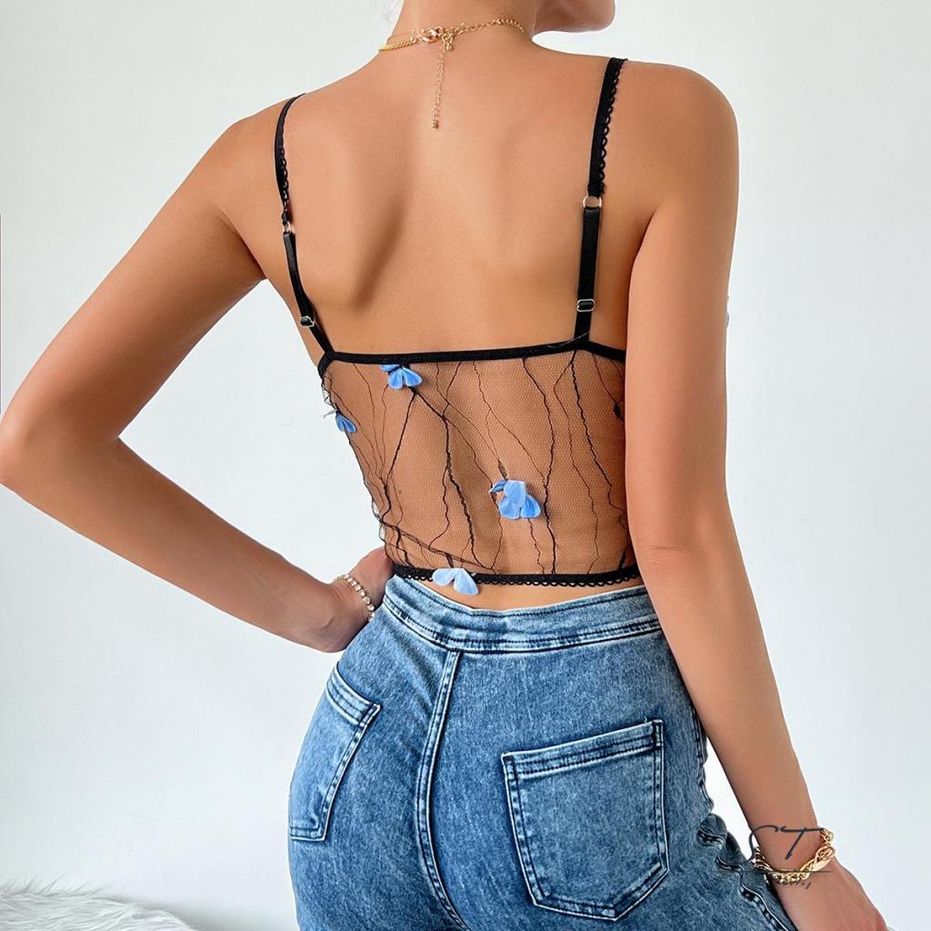 Áo Hai Dây Mỏng Xuyên Thấu Phối Họa Tiết Bướm CY03 Thời Trang Mùa Hè Cho Nữ