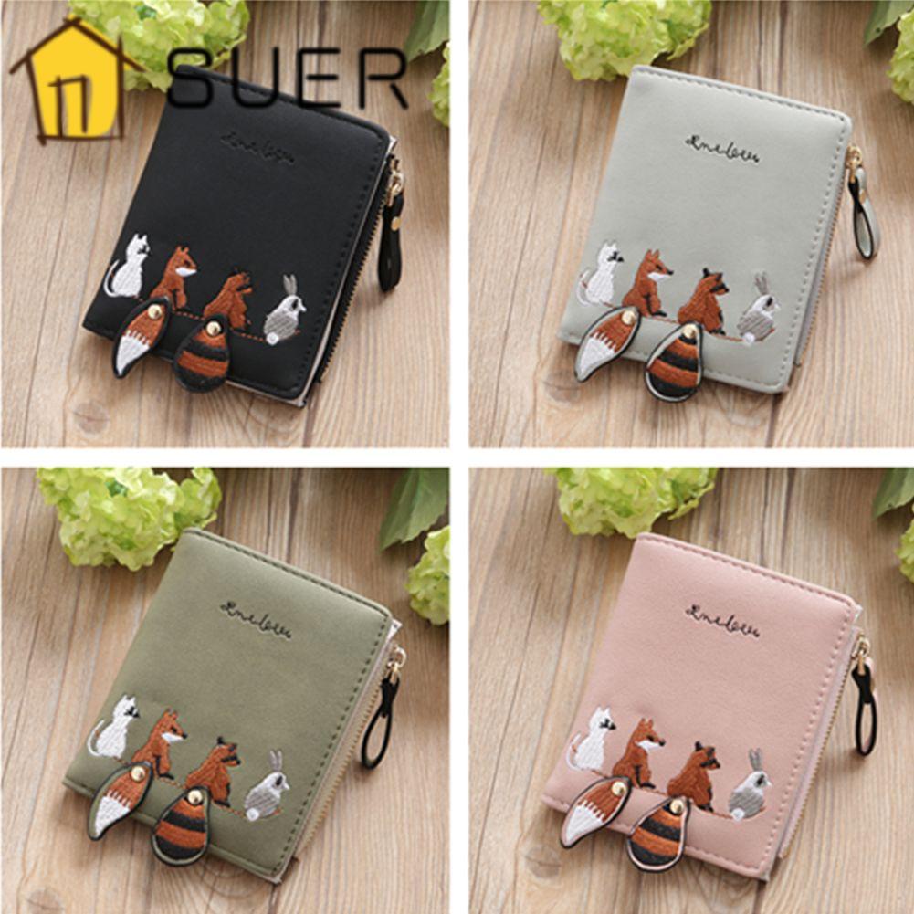 Ví Da PU Dáng Ngắn Thêu Hình Cáo Có Khóa Kéo Chất Lượng Cao Cho Nữ Giá Đỡ