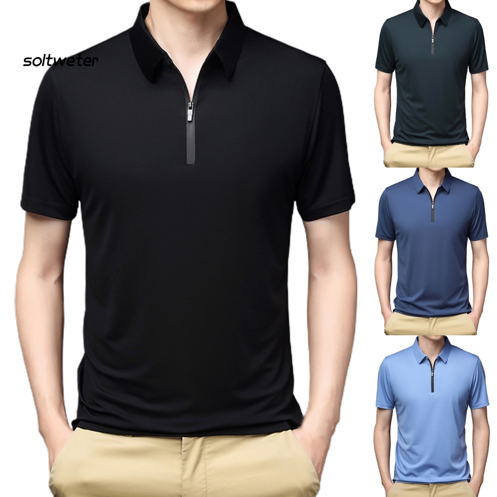 Áo Sơ Mi Tay Ngắn Cổ Bẻ Màu Sắc Đơn Giản Có Khóa Kéo Thời Trang Đường Phố Cho Nam