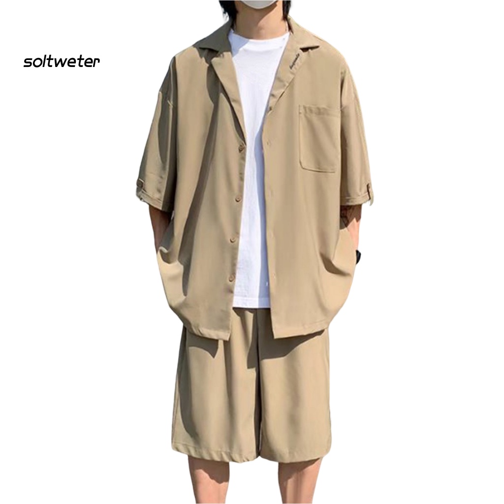 1 Bộ Áo Cổ Bẻ Màu Trơn Phối Quần Short Mỏng Thời Trang Đi Biển Mùa Hè Cho Nam