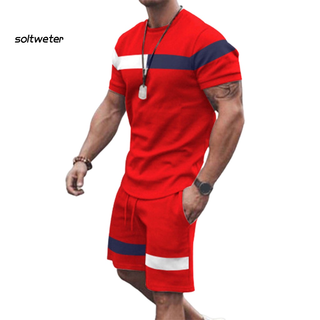 Bộ Đồ Thể Thao 2 Món Áo Thun Cổ Tròn Phối Quần Short Lưng Thun Màu Sắc Tương Phản Thời Trang Mùa Hè Cho Nam