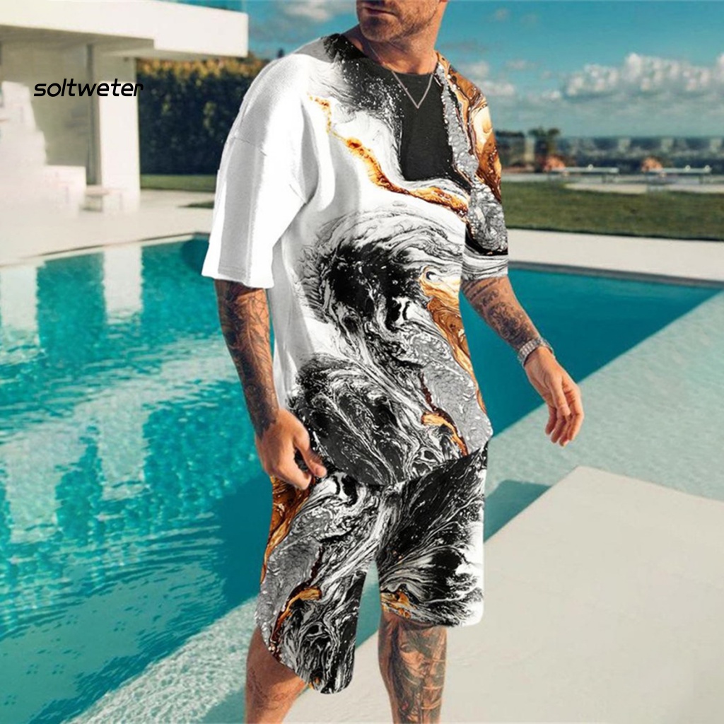 1 Bộ Áo Thun Cổ Tròn In Họa Tiết 3D + Quần Short Lưng Thun Phối Túi Thời Trang Đường Phố Mùa Hè