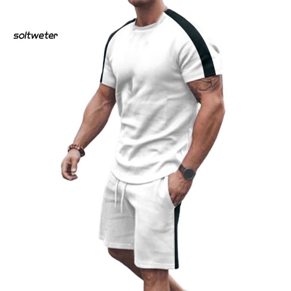 Bộ Đồ Thể Thao 2 Món Áo Thun Cổ Tròn Phối Quần Short Lưng Thun Màu Sắc Tương Phản Thời Trang Mùa Hè Cho Nam