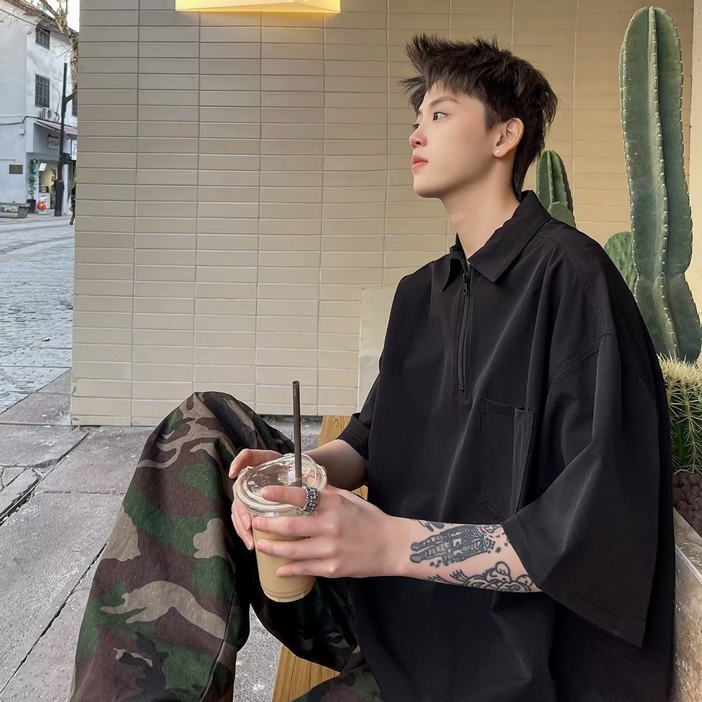 Áo Thun polo Ngắn Tay Có Khóa Kéo Phong Cách vintage Mỹ Thời Trang Mùa Hè Dành Cho Nam