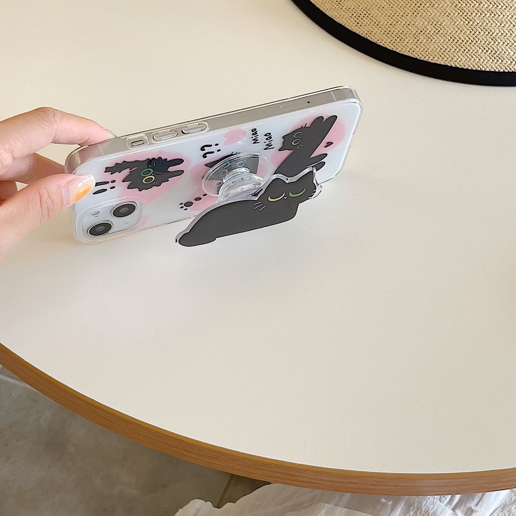 Ốp Điện Thoại imd Mềm Trong Suốt In Hình Mèo Đen Dễ Thương Có Giá Đỡ Cho iPhone 11 13 12 14 Pro Max