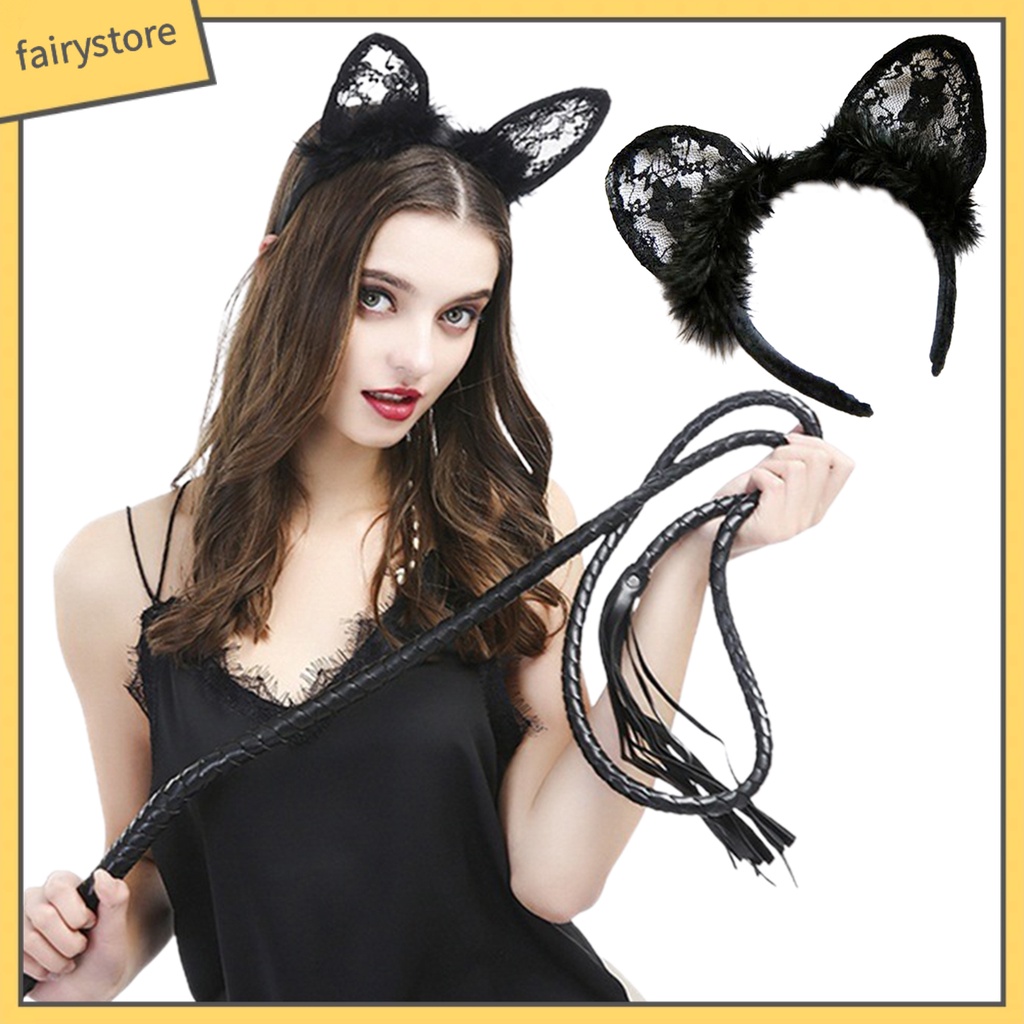 Băng Đô Cài Tóc Hình Tai Mèo Đen Phối Ren Đính Lông Vũ Chống Trượt Trang Trí Tóc