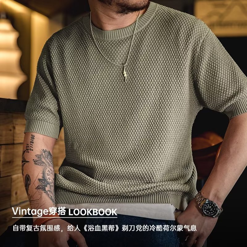 Áo Thun Dệt Kim Tay Lửng Họa Tiết Quả Dứa Ba Chiều Phong Cách Retro Mỹ Hiện Đại