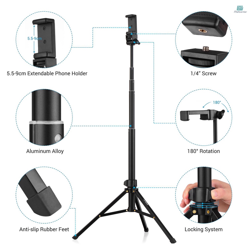 Andoer 1.5m/59in 2-in-1 Tripod Stand + Extendable Selfie Stick Aluminum Alloy with Phone Holder Remote Shutter Compatible with iPhone Android Phones for Selfie Group Photo Live Streaming