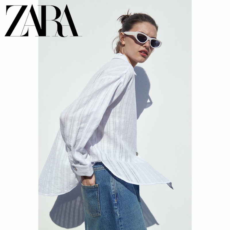 Zara Áo Sơ Mi Dài Tay Dáng Rộng Hoa Văn Kẻ Sọc Thời Trang Mùa Xuân Hè Dành Cho Nữ