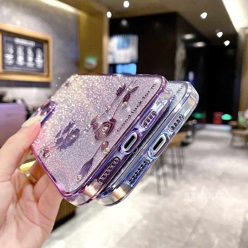 Ốp Điện Thoại Trong Suốt Chống Rơi Họa Tiết Hoa Đính Kim Cương Giả Lấp Lánh Cho Iphone 14 13 12 11 Pro Max 7 8 Plus X XR XS