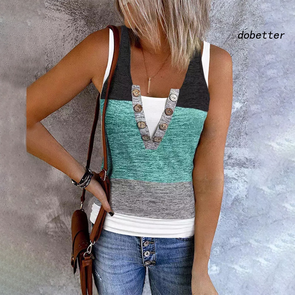 [DO] Áo Ba Lỗ Mềm Khoét Lỗ Cổ Chữ V Thoáng Khí Phối Màu Trang Trí Nút Thời Trang Mùa Hè Cho Nữ