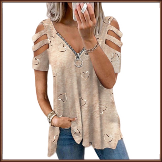 Áo Thun Tay Ngắn Cổ Chữ V Dáng Rộng Có Khóa Kéo In Họa Tiết Tinh Tế Thời Trang Cho Nữ