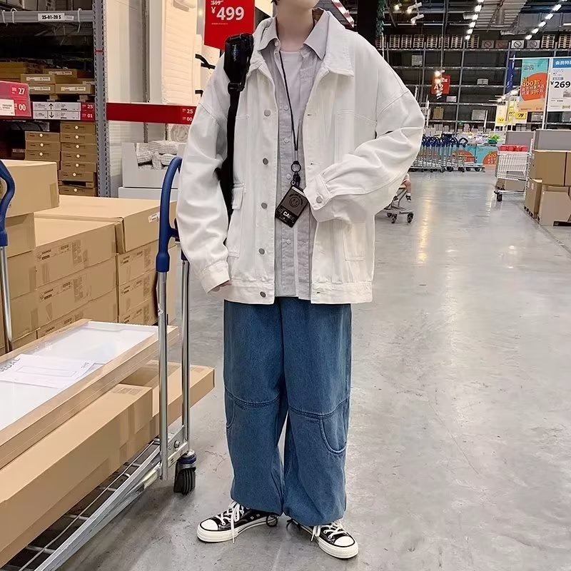 Áo Khoác Denim Màu Đen Dáng Rộng Phong Cách Retro Nhật Hàn Thời Trang Xuân Thu Cho Nam Giới