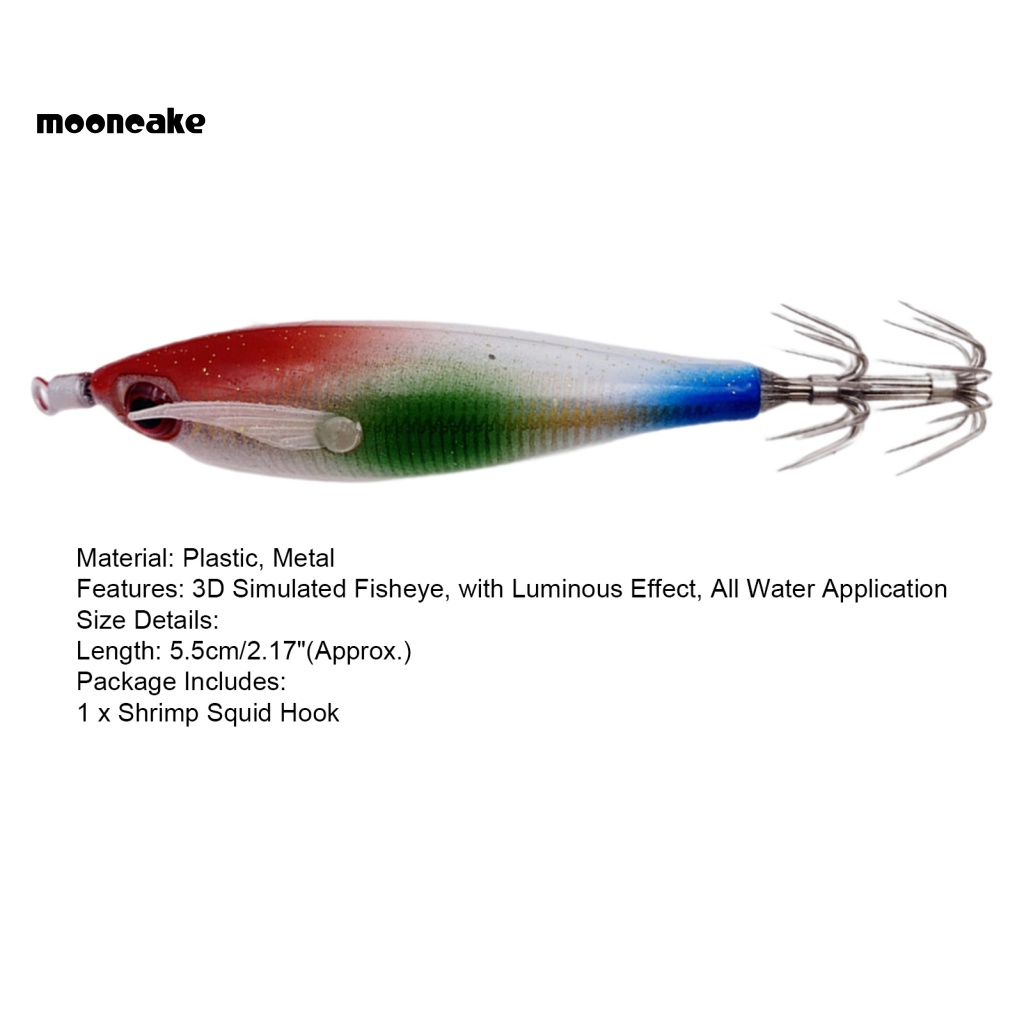 < Mooncake > Mồi Tôm Giả Câu Cá Bằng Gỗ Phát Quang Có Móc Hình Con Mực