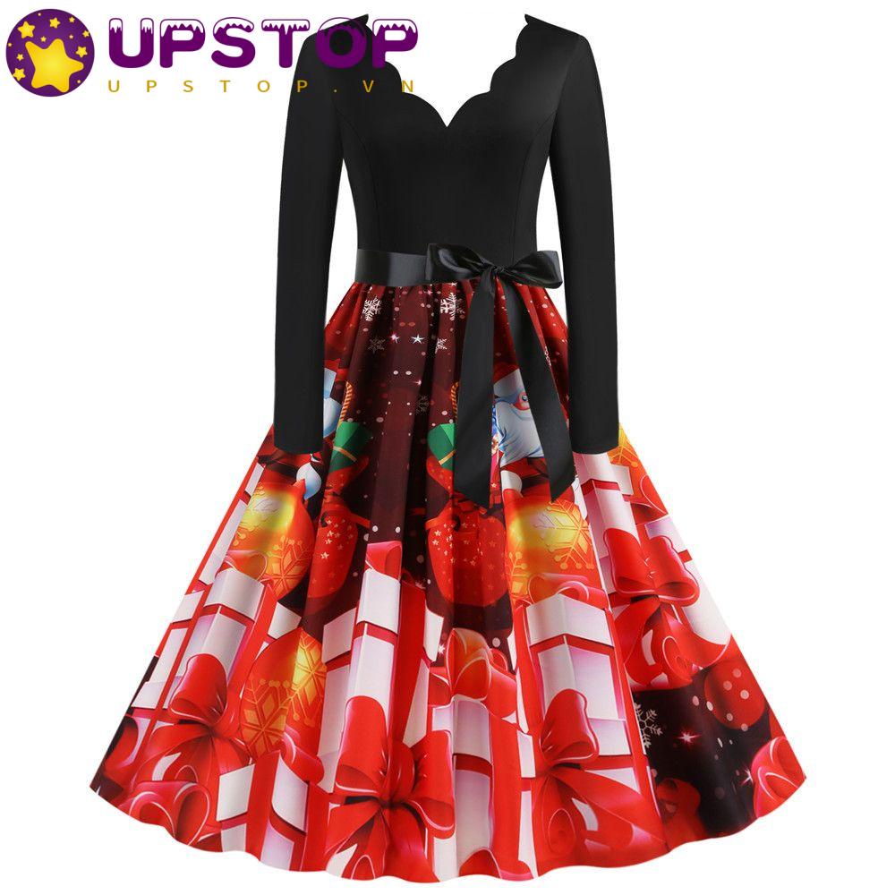 Đầm Dài Tay In Họa Tiết Giáng Sinh Xinh Xắn Dành Cho Nữ