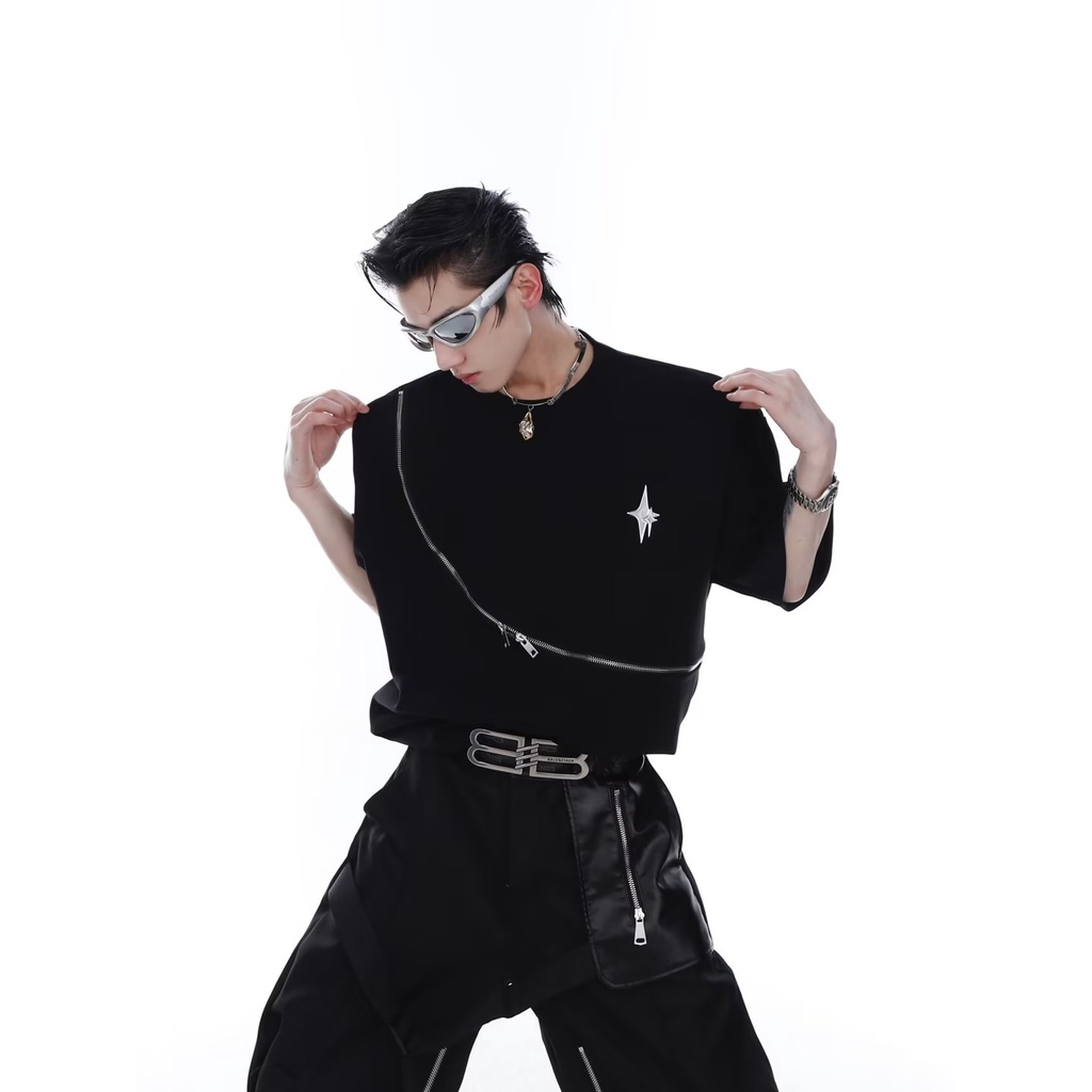 Áo Thun Cotton Nguyên Chất Tay Ngắn Cổ Tròn Khóa Kéo In Ba Chiều Thời Trang Mùa Hè Cho Nam