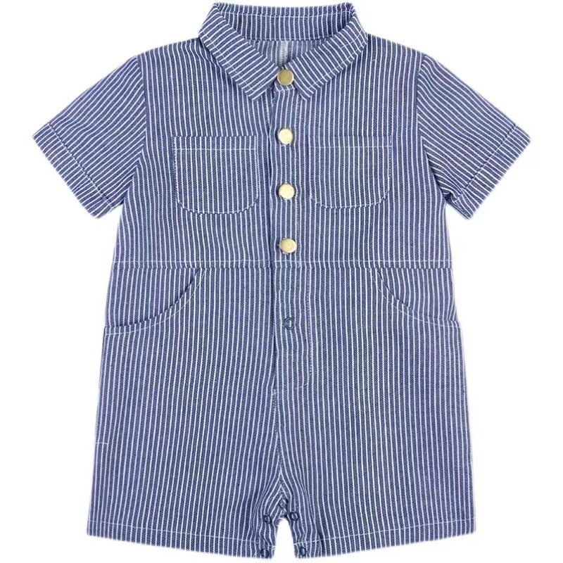 Áo Liền Quần Ngắn Tay Hoa Văn Kẻ Sọc Thời Trang Mùa Hè Dành Cho Bé Trai