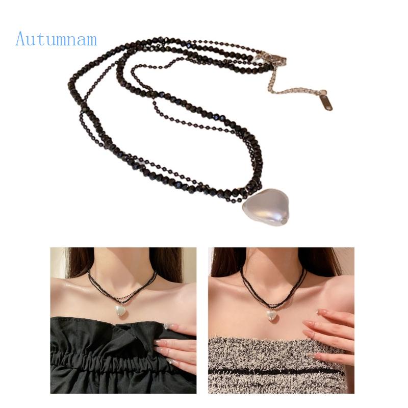 Dây Chuyền Ngọc Trai Mặt Trái Tim ​Vòng Cổ Choker Hai Lớp Đính Hạt