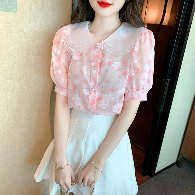 Áo Sơ Mi Chiffon Tay Ngắn Cổ Búp Bê In Họa Tiết Hoa Mẫu Mới 2023 Thời Trang Mùa Hè Cho Nữ