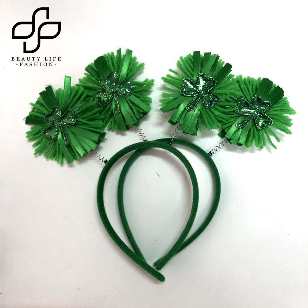 Băng Đô Cài Tóc Đính Ruy Băng Họa Tiết Cỏ Bốn Lá Chống Trượt Phong Cách Ai-Len Vui Nhộn