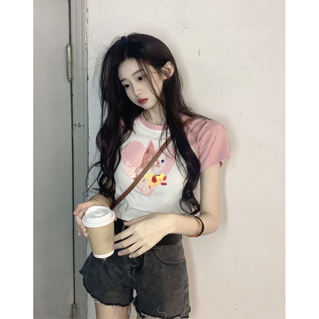 Áo Raglan Baby tee Thun croptop Tay Ngắn Cổ Tròn In Chữ Màu Sắc Ngọt Ngào Thời Trang Phong Cách Mỹ