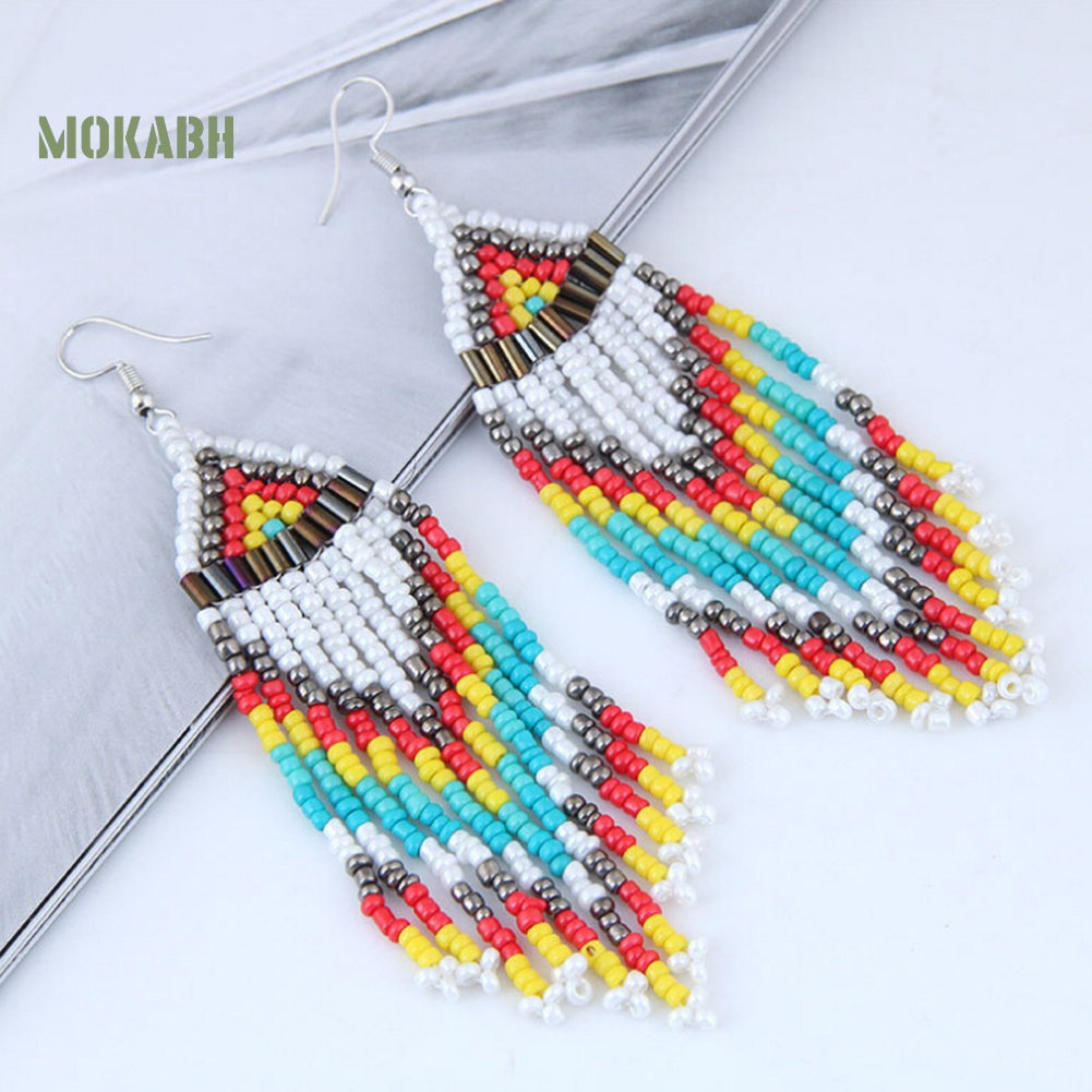 [Mok Abh] Bông Tai Tròn Đính Hạt Tua Rua Theo Phong Cách Du Mục