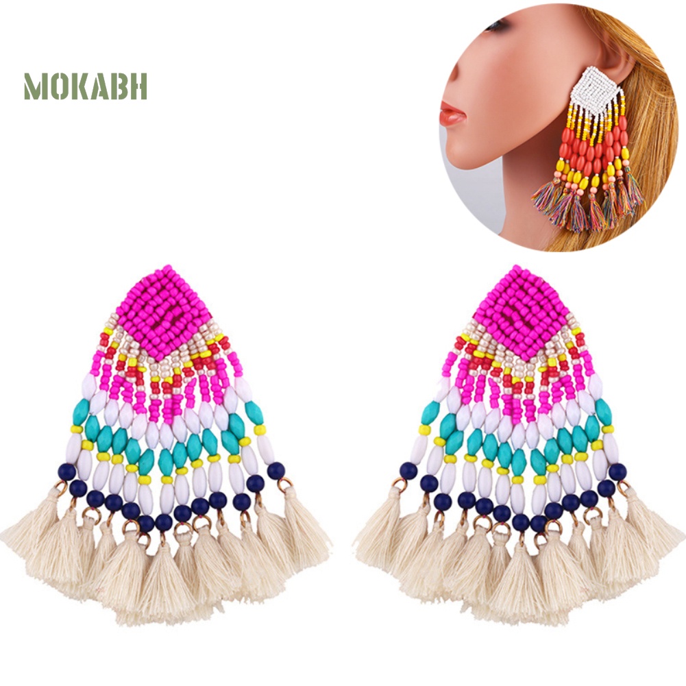 [Mok Abh] Bông Tai Tròn Đính Hạt Tua Rua Theo Phong Cách Du Mục