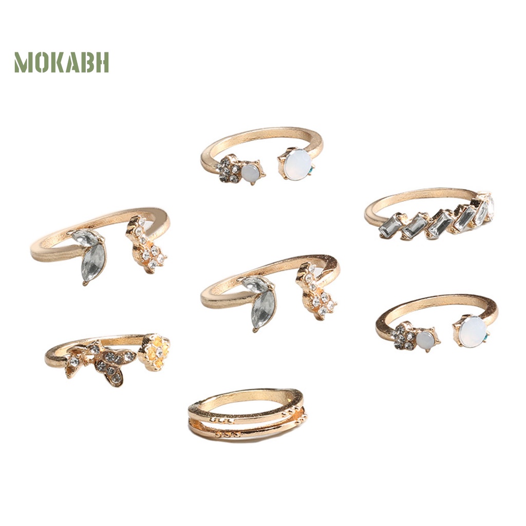 [Mok Abh] Bộ 7 Nhẫn Đeo Đốt Ngón Tay Họa Tiết Hình Hoa Và Bướm Đính Đá Lấp Lánh