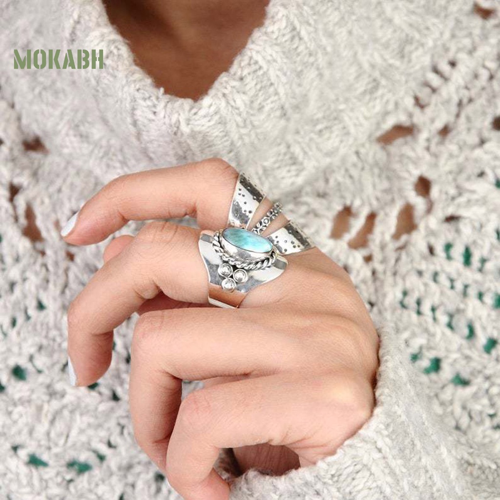 [Mok Abh] Nhẫn Mạ Điện Họa Tiết Hình Học Đính Đá Xanh Lá Phong Cách Boho Cổ Điển Thích Hợp Làm Quà Tặng Cho Nam Và Nữ