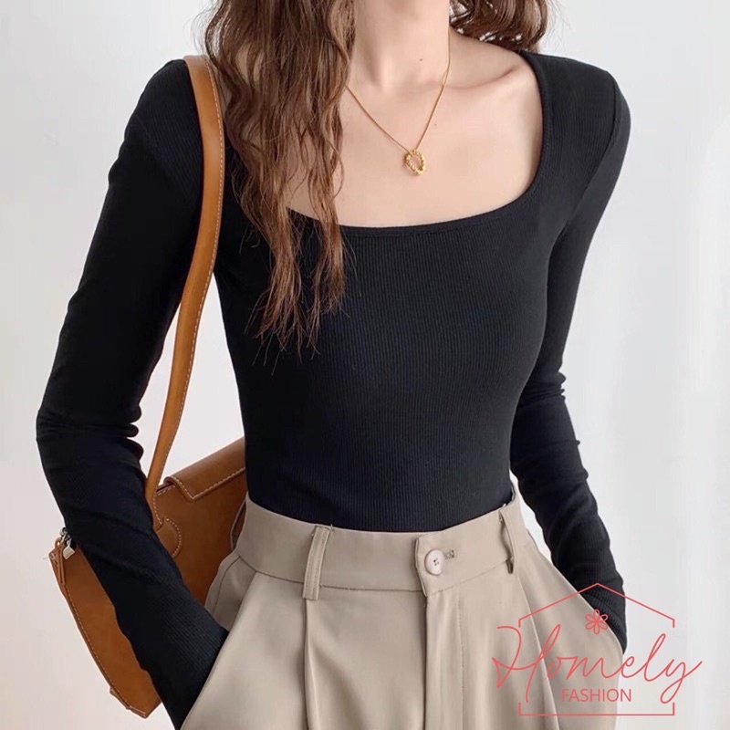 Áo Thun Nữ CRopTop Dài Tay Chely Cổ Vuông Cotton Borip Co Giãn Đơn Giản Basic Trẻ Trung Năng Động | BigBuy360 - bigbuy360.vn