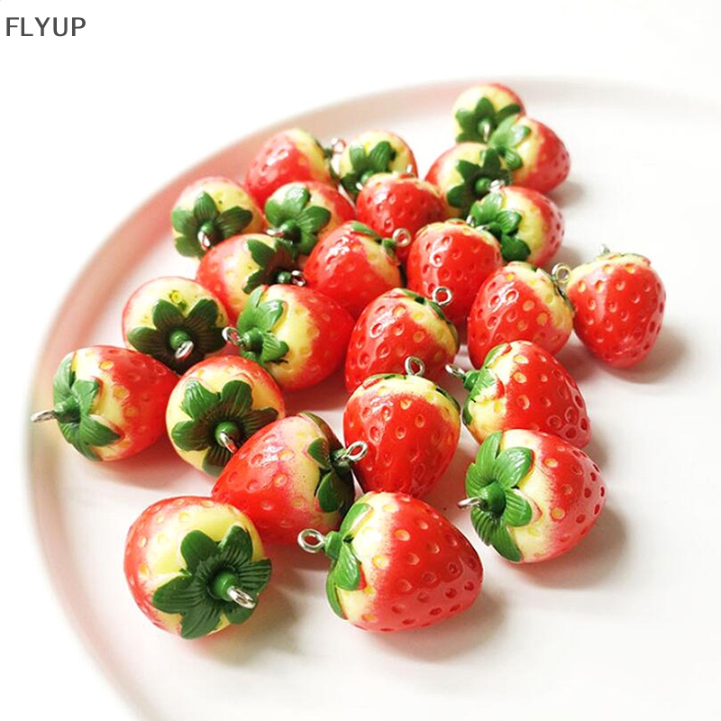 Set 10 Mặt Dây Chuyền Resin Hình Trái Dâu 3D Màu Đỏ DIY