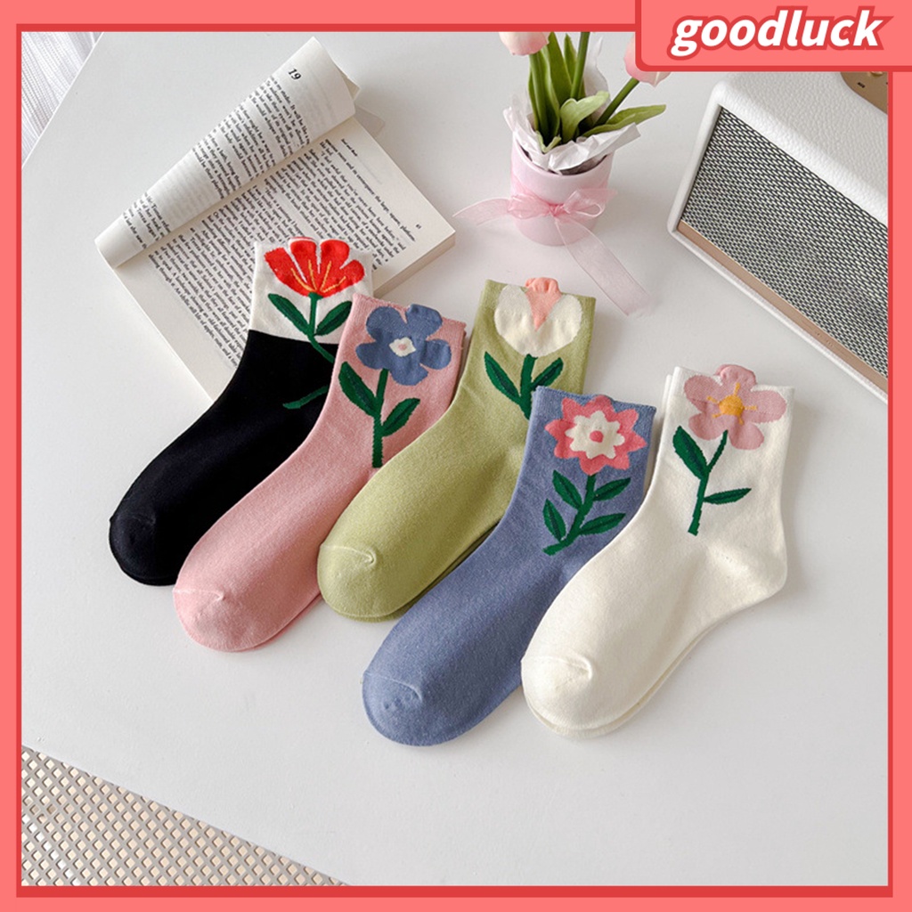 1 Đôi Vớ Mềm Co Giãn Thoáng Khí Chống Trượt Và Thấm Hút Mồ Hôi In Hình Hoa Tulip Dành Cho Nữ