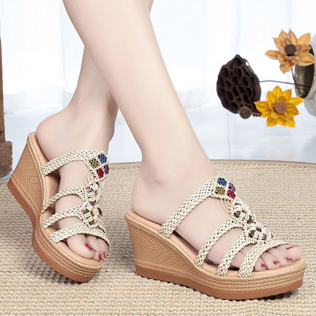 Dép Sandal Đế Xuồng Dày Phong Cách Bohemian Hàn Quốc Thời Trang Đi Biển Mới 2023 Cho Nữ