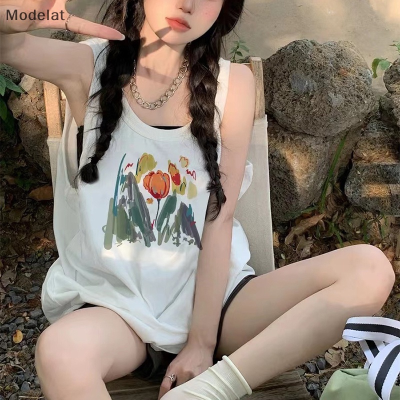 Áo Sát Nách Cổ Tròn Dáng Rộng In Họa Tiết Kiểu Retro Mỹ Thời Trang Mùa Hè Cho Bạn Gái