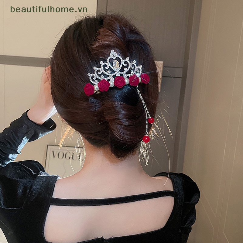 Kẹp Tóc Hình Vương Miện Đính Đá Phối Tua Rua Thời Trang Cho Nữ