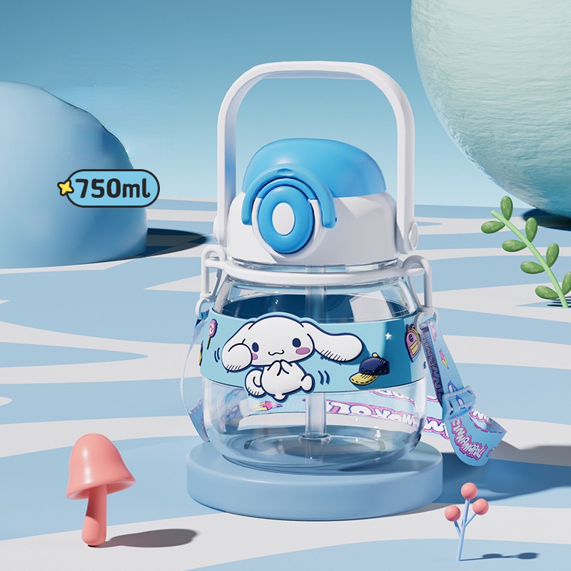 Bình Nước Dung Tích Lớn 750ml Có Ống Hút Họa Tiết Hoạt Hình Hello Kitty / Cinnamoroll Kuromi Dễ Thương Cho Bé