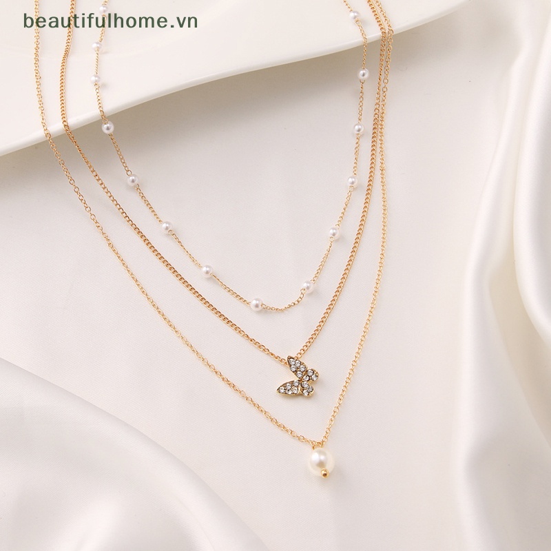 [beautifulhome] Vòng Cổ Choker Nhiều Lớp Mặt Hình Bướm Và Ngọc Trai Trang Nhã Dành Cho Nữ [beauty]