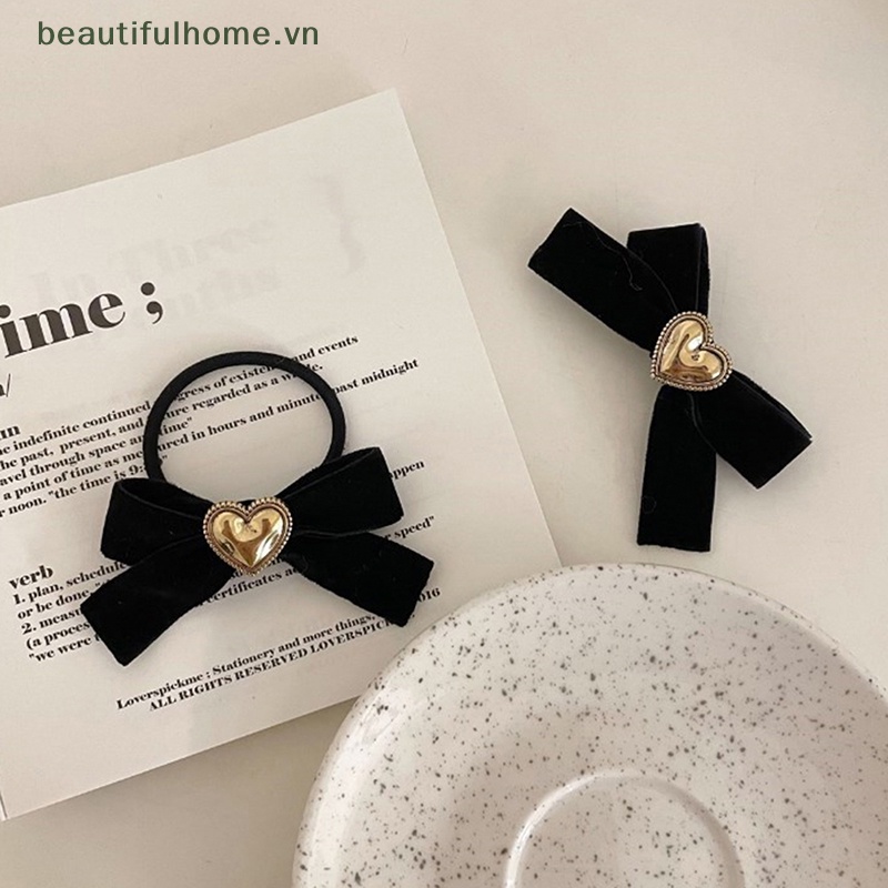 Dây Buộc Tóc Hình Nơ / Trái Tim Bằng Nhung Màu Đen Thanh Lịch Cho Nữ