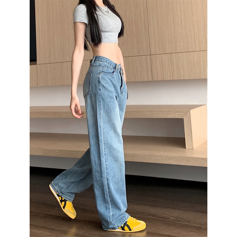 Quần Jean Lưng Cao Ống Suông Cá Tính Trẻ Trung