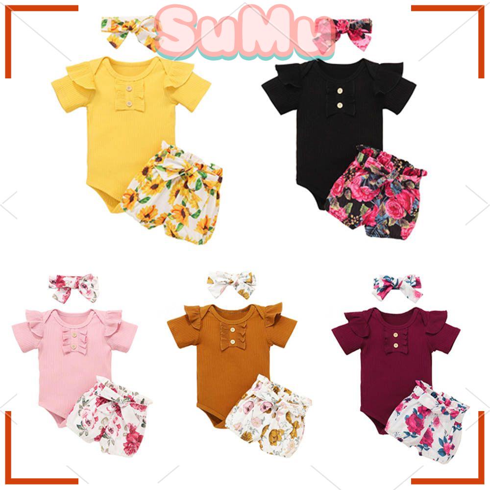 Bộ Áo Liền Quần Ngắn Tay Dệt Kim Họa Tiết Hoa Hướng Dương Thời Trang Mùa Hè Cho Bé Gái