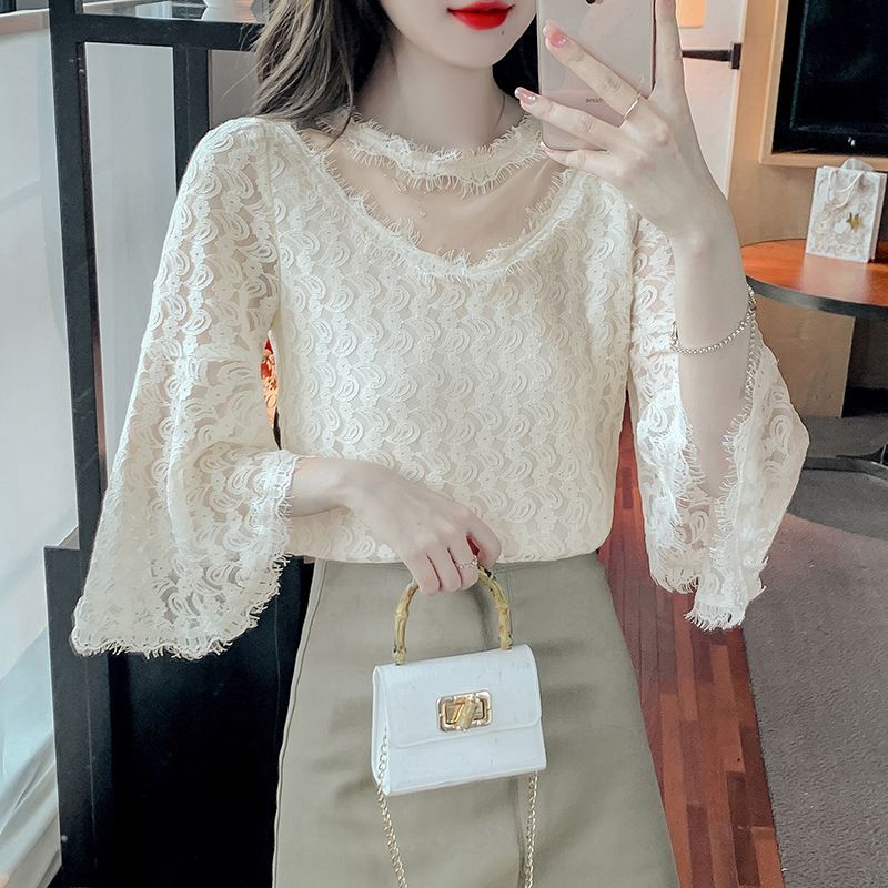 Áo Sơ Mi Tay Loe Phối Ren Dáng Rộng Phong Cách Hàn Quốc Thời Trang Cho Nữ