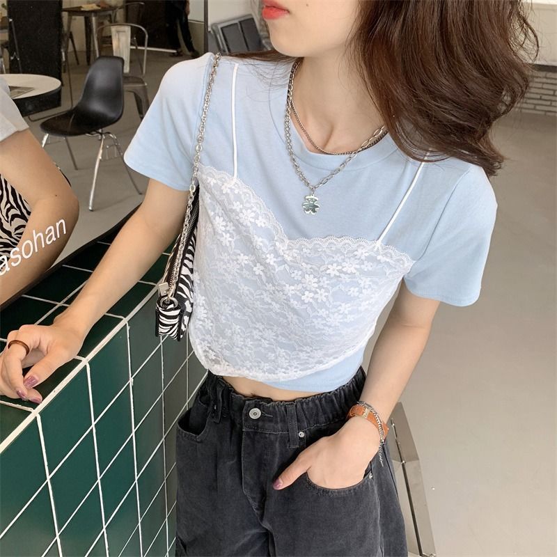 Áo Thun Tay Ngắn Giả Hai Lớp Thời Trang Mùa Hè 2023 Mới Cho Nữ