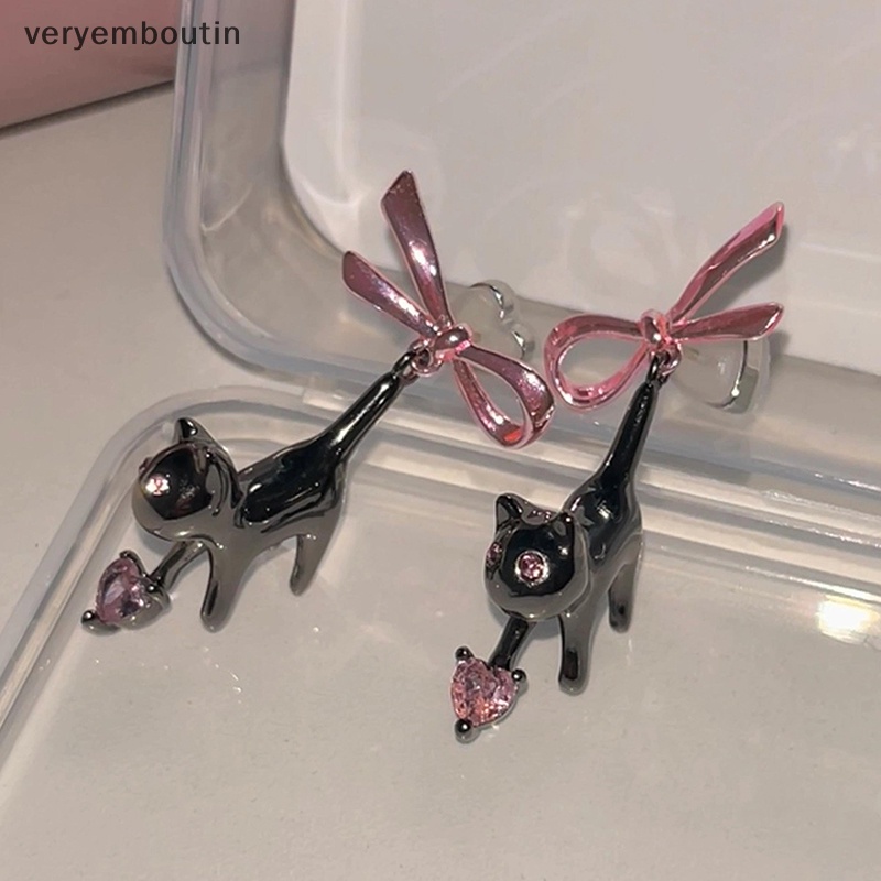 Bông Tai Dáng Dài Đính Đá Hình Mèo Và Nơ Màu Hồng / Trái Tim Màu Đen Ngọt Ngào