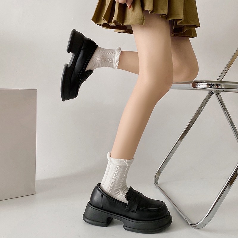 Giày Da Đế Dày Màu Đen Phong Cách retro Anh Quốc Cho Nữ