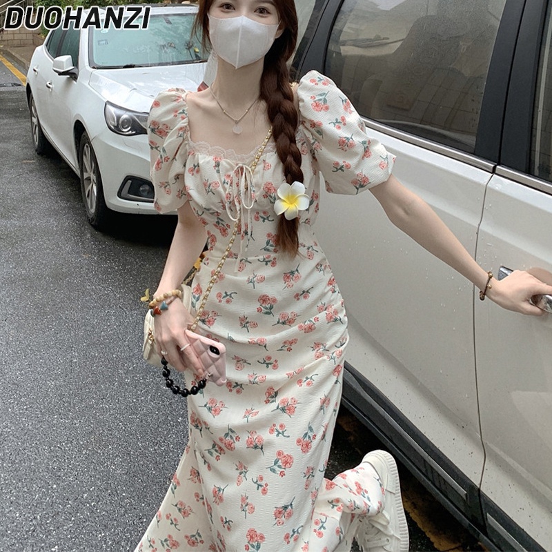 Đầm nữ DUOHANZI ngắn tay hở lưng cột dây eo thời trang